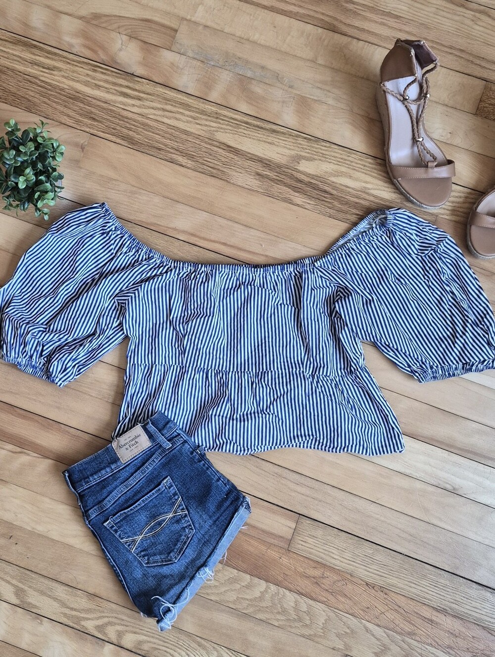 Sim & Sam Off-Shoulder Blue Stripe Peplum Top